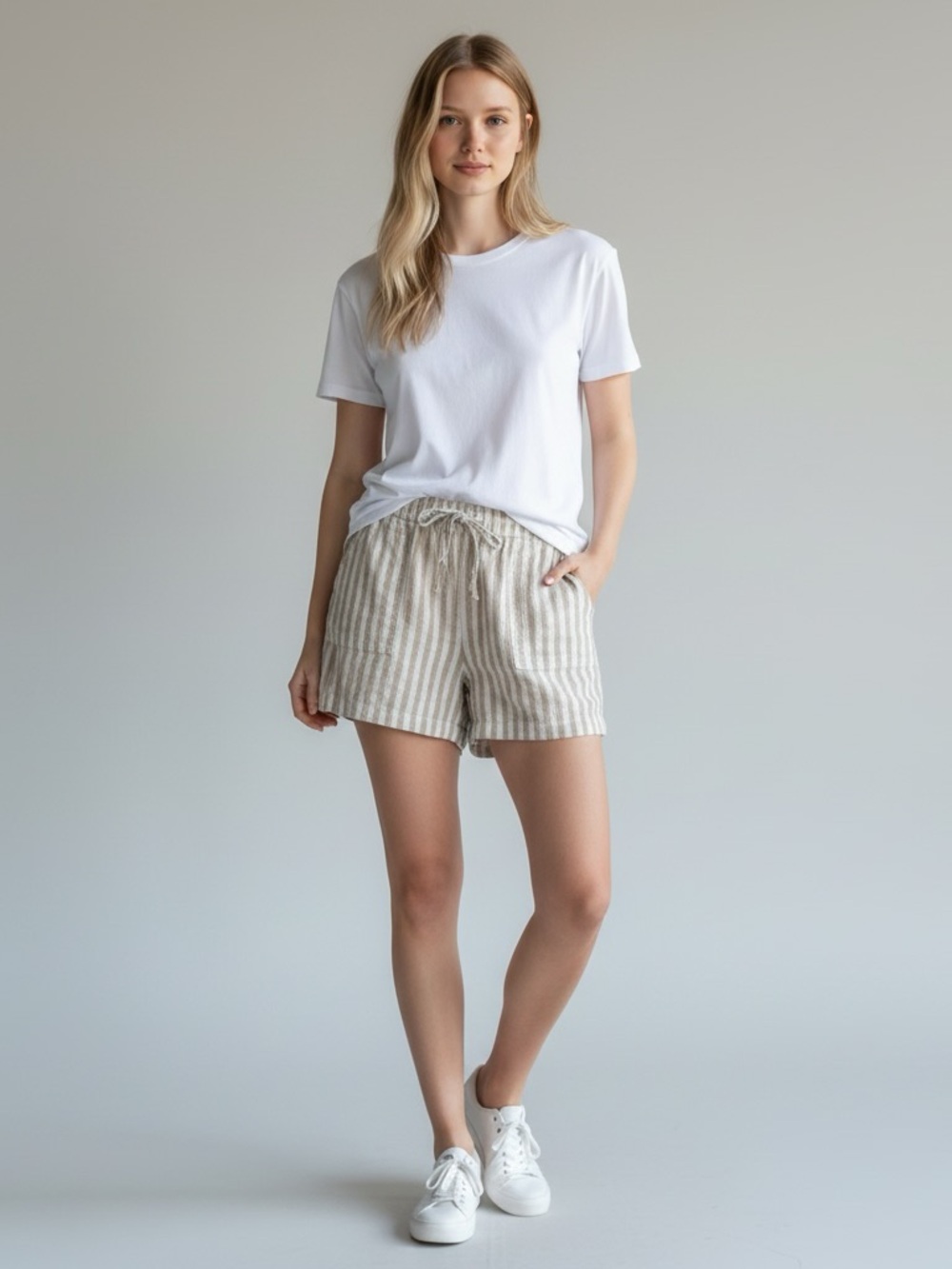 EUC - J Crew Linen-Blend Striped Drawstring Women’s Shorts - Cream/White